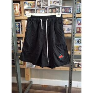 Used Romwe Shorts Men Small Blk Drawstring Polyester Embroidered Rose Patch #50